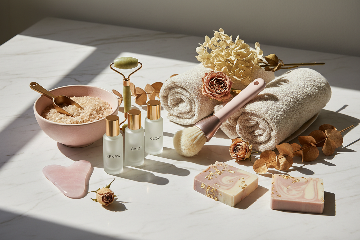 spa items in different positions.. in gold or pale pink tone